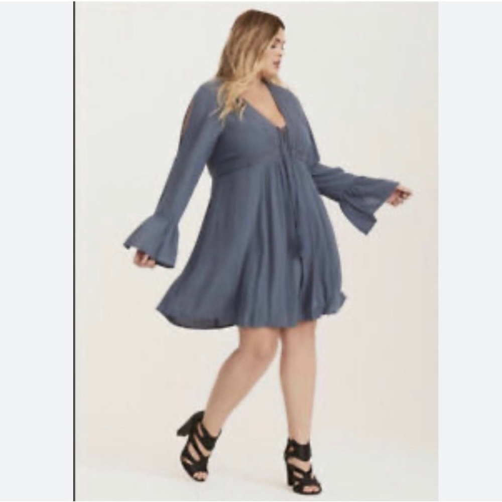 Torrid Slate Blue Lace Up Boho Slit Bell Sleeve Gauze Dress Lined Size 4X